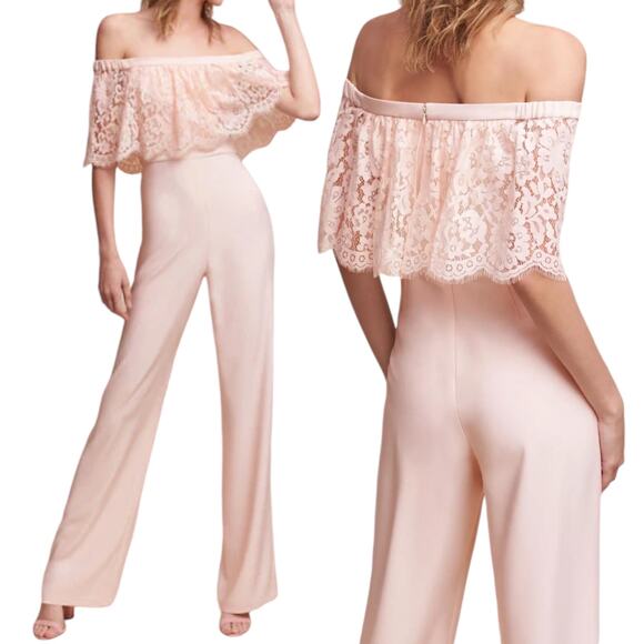 Theia BHLDN Mila Off the Shoulder Lace Jumpsuit Pink Braidesmaid Size 8 - Picture 2 of 13